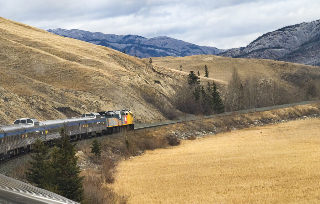The train is travelling the natural landscape at the bottom of the change from mountains to hills along the edge of a winter dried marsh.